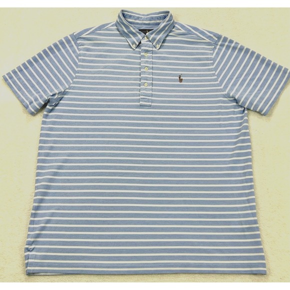 Ralph Lauren Knit Oxford Polo Men L Blue White Stripe S/S Button Down Flesh Pony - Picture 1 of 10